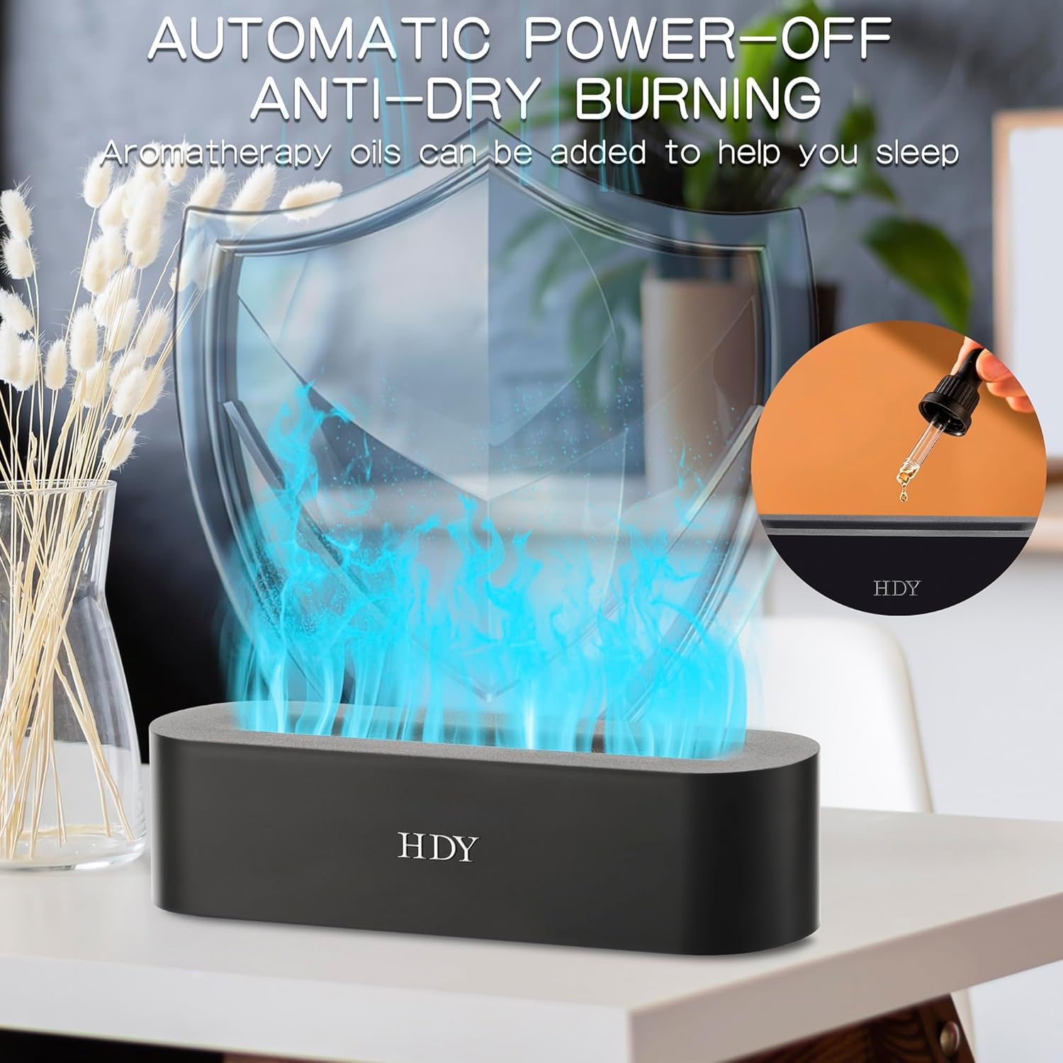 Flame Aromatherapy Humidifier, 7-Color Variable Essential Oil Diffuser, Ultra-Silent Bedroom Humidifier with Timer and No-Water Auto Shut-Off, 150 ml, for Home, Hotel, and Office (Black)