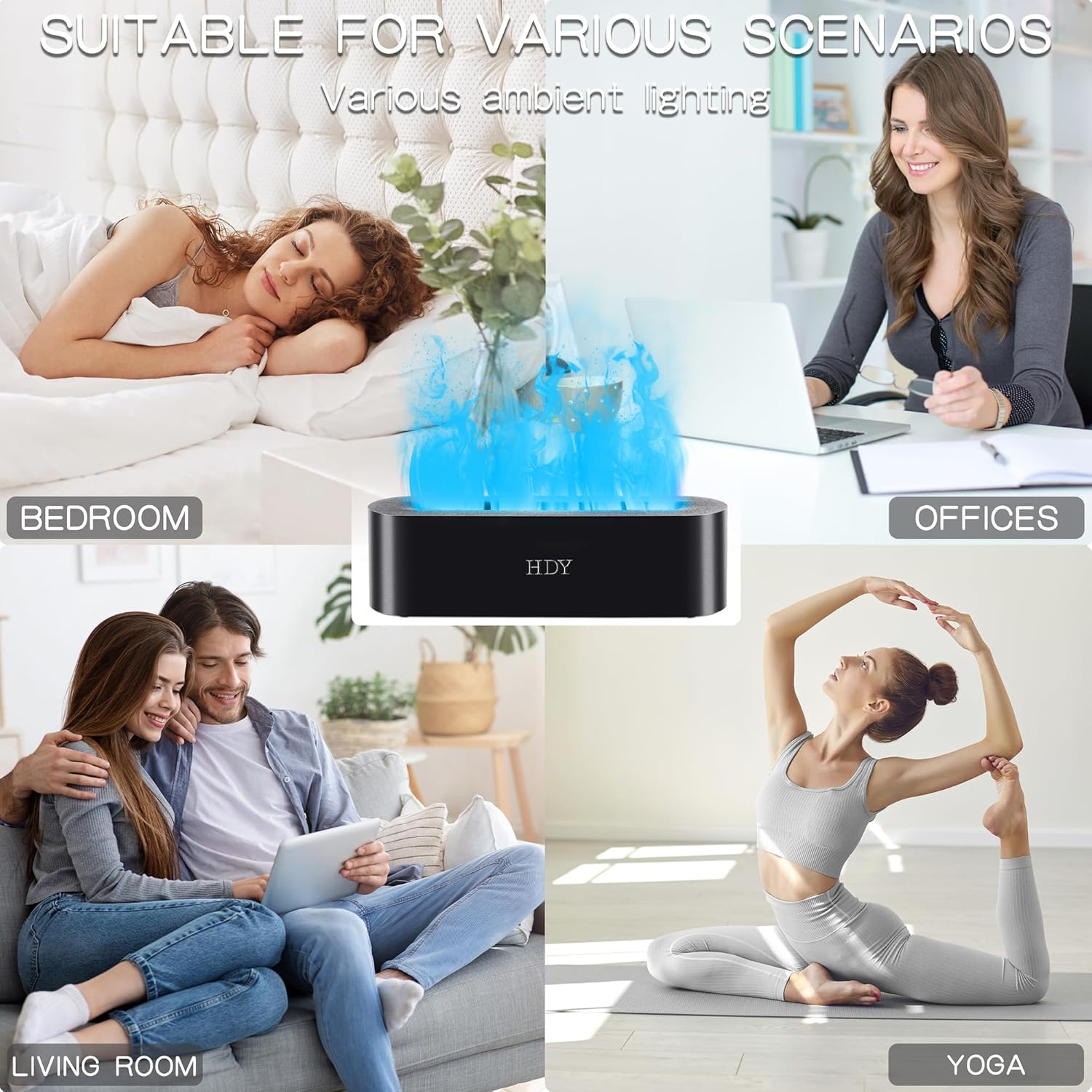 Flame Aromatherapy Humidifier, 7-Color Variable Essential Oil Diffuser, Ultra-Silent Bedroom Humidifier with Timer and No-Water Auto Shut-Off, 150 ml, for Home, Hotel, and Office (Black)