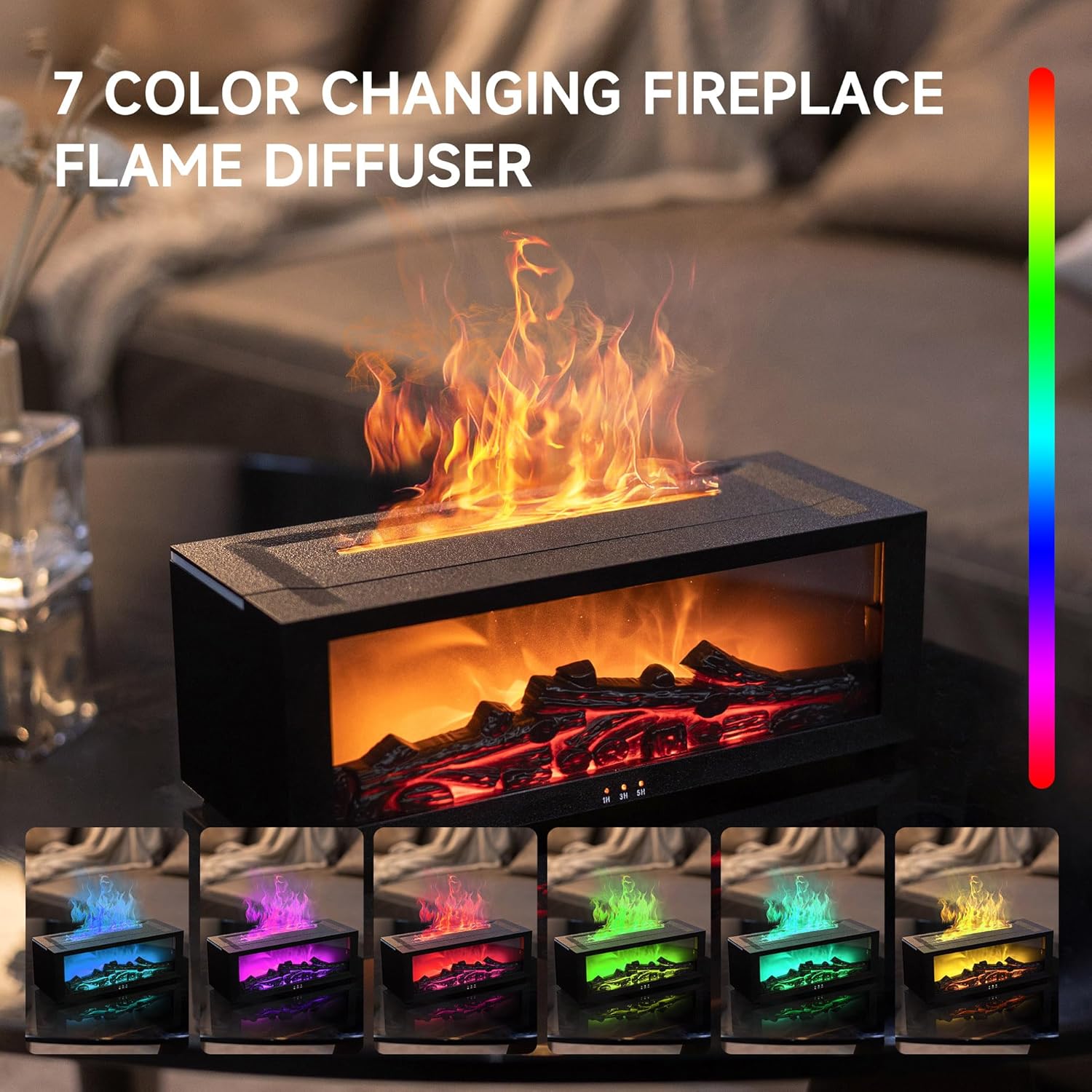 Fireplace Flame Air Diffuser Humidifier,7 Colors Aromatherapy Essential Oil Diffuser,Ultrasonic Aroma Humidifier with Timer for Home,Bedroom,Office,Yoga (BlackB, L)